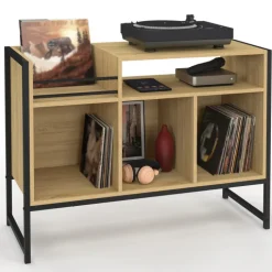 Meuble vinyle, buffet de rangement 100cm bois et noir design industriel