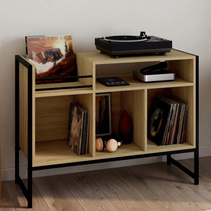 Meuble vinyle, buffet de rangement 100cm bois et noir design industriel