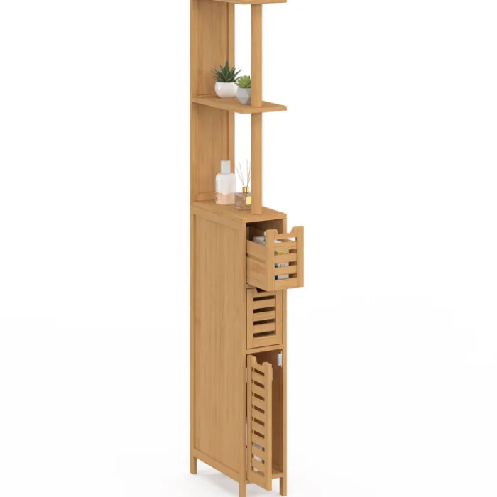 Meuble WC 1 porte 2 tiroirs bambou avec étagères