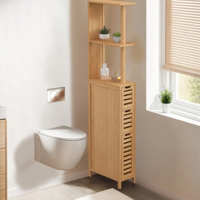 Meuble WC 1 porte 2 tiroirs bambou avec étagères
