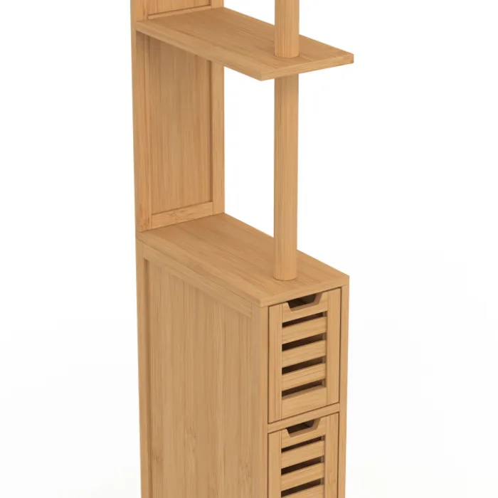 Meuble WC 1 porte 2 tiroirs bambou avec étagères