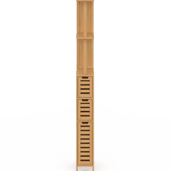 Meuble WC 1 porte 2 tiroirs bambou avec étagères