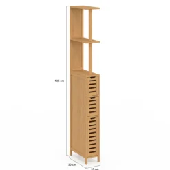Meuble WC 1 porte 2 tiroirs bambou avec étagères