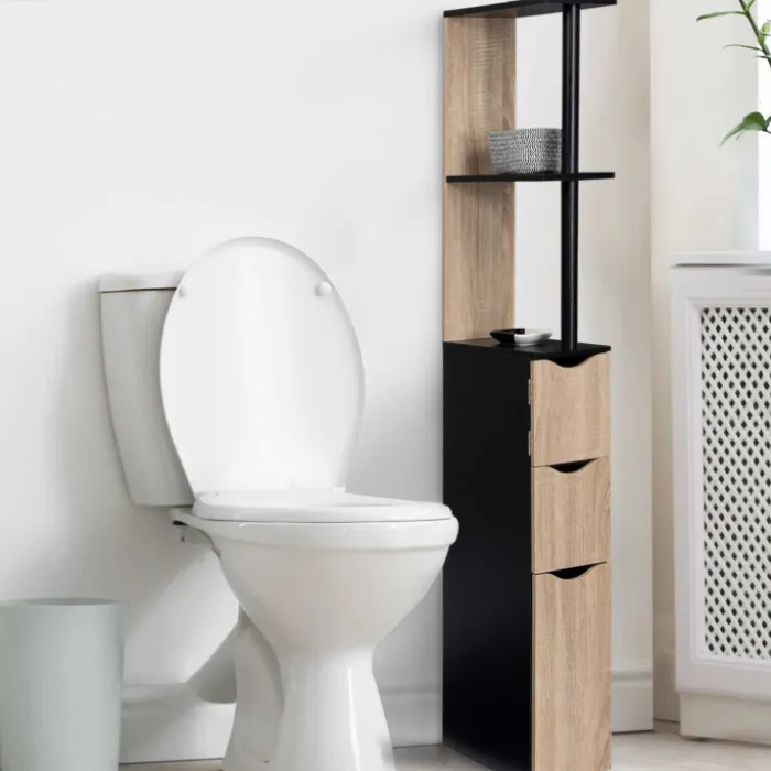 Meuble WC étagère avec portes : noir et bois