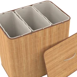Panier à linge 3 bacs amovibles bambou et tissu