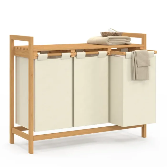 Panier à linge bambou 3 bacs tissu écru