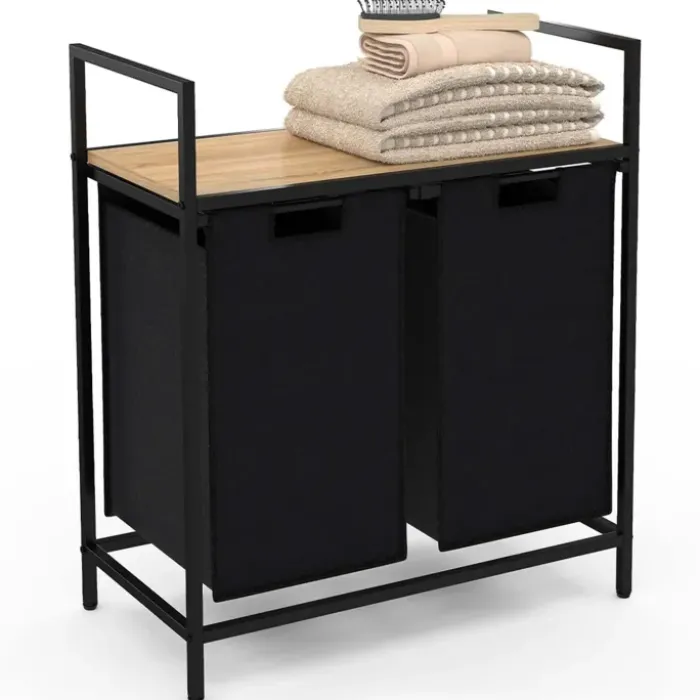 Panier à linge en tissu noir avec 2 bacs