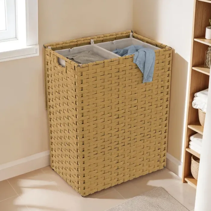 Panier à linge 140L 2 bacs amovibles effet rotin et tissu
