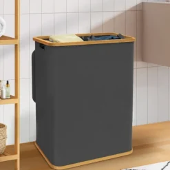 Panier à linge 140L 2 bacs amovibles bambou gris