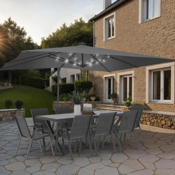 Parasol déporté inclinable 3x4 m rotatif 360 gris avec LED