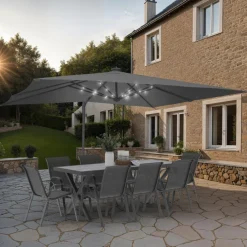 Parasol déporté inclinable rotatif 360 gris 3x4 M avec 4 dalles et housse