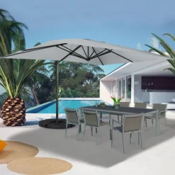 Parasol déporté 3x4 m rotatif 360 gris clair avec 4 dalles