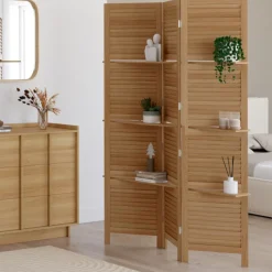 Paravent intérieur 3 panneaux lattes persiennes avec 3 étagères bois