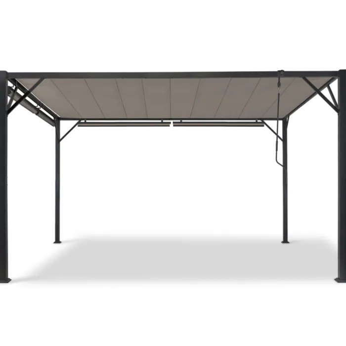 Pergola acier lames orientables 3x4m avec 4 stores taupe