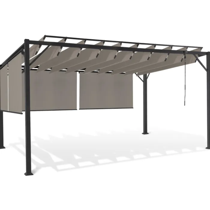 Pergola acier lames orientables 3x4m avec 4 stores taupe