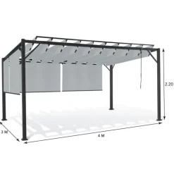 Pergola acier lames orientables 3x4 m avec 4 stores gris clair