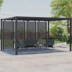 Pergola bioclimatique lames orientables acier 3x4 M avec persiennes horizontales gris anthracite