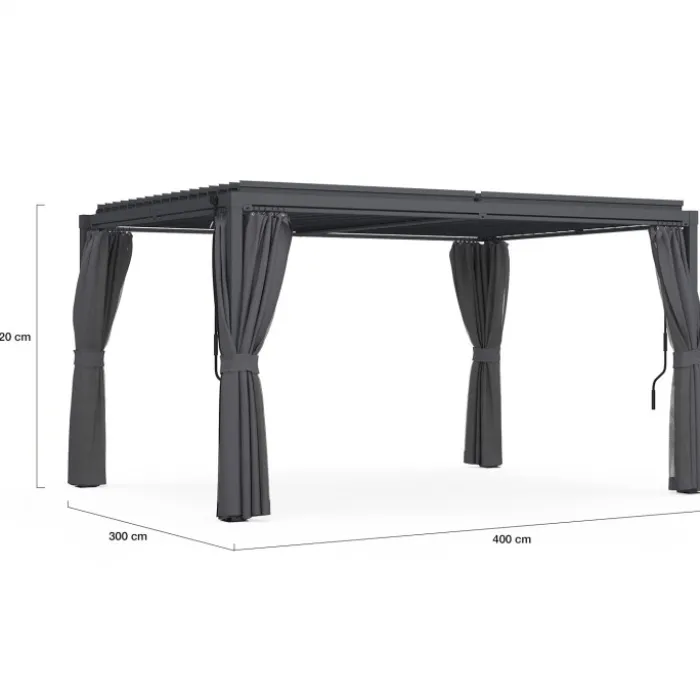 Pergola bioclimatique lames orientables acier 3x4 M rideaux et moustiquaire gris anthracite
