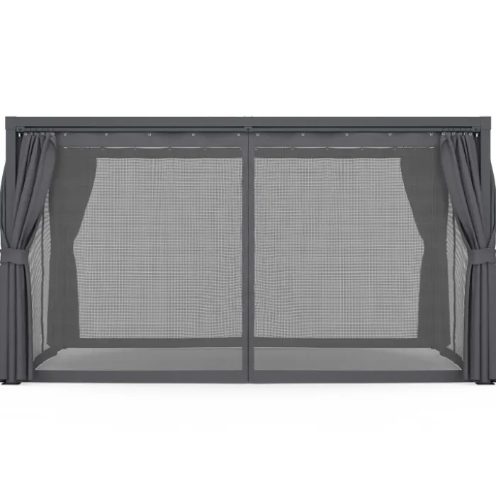Pergola bioclimatique lames orientables acier 3x4 M rideaux et moustiquaire gris anthracite