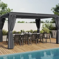 Pergola bioclimatique lames orientables acier 3x4 M rideaux et moustiquaire gris anthracite