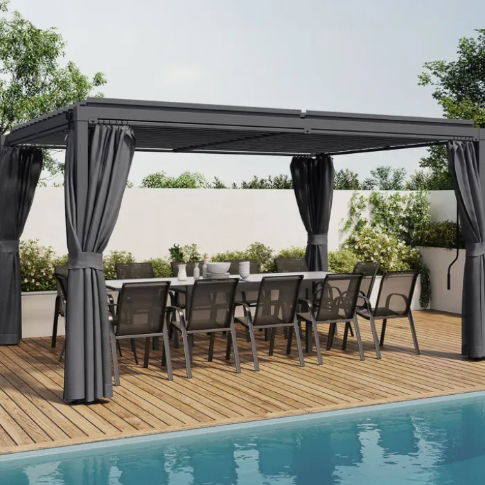 Pergola bioclimatique lames orientables acier 3x4 M rideaux et moustiquaire gris anthracite