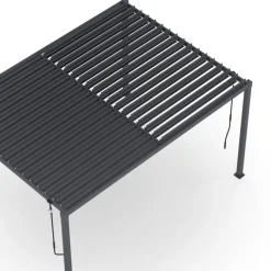 Pergola bioclimatique lames orientables acier 3x4 M rideaux et moustiquaire gris anthracite