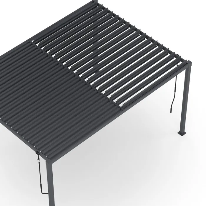 Pergola bioclimatique lames orientables acier 3x4 M rideaux et moustiquaire gris anthracite