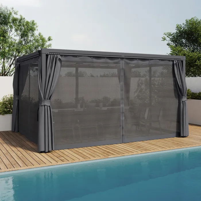Pergola bioclimatique lames orientables acier 3x4 M rideaux et moustiquaire gris anthracite