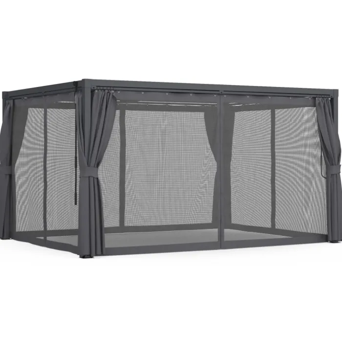 Pergola bioclimatique lames orientables acier 3x4 M rideaux et moustiquaire gris anthracite