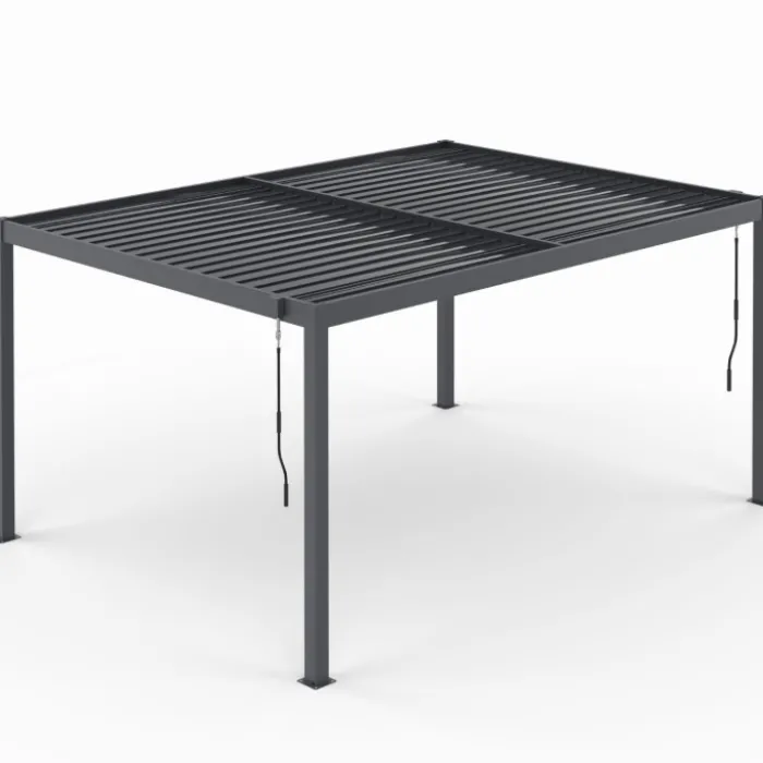 Pergola bioclimatique lames orientables acier 3x4 M rideaux et moustiquaire gris anthracite