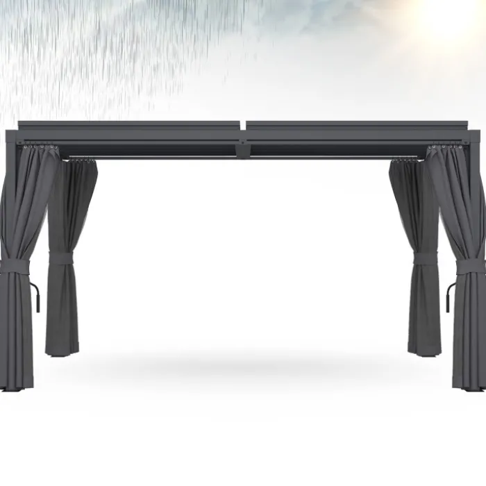 Pergola bioclimatique lames orientables acier 3x4 M rideaux et moustiquaire gris anthracite