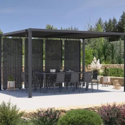 Pergola bioclimatique lames orientables acier 3x4 M avec persiennes verticales gris anthracite