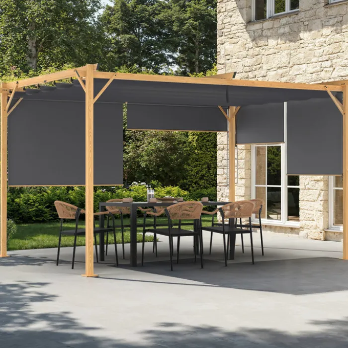 Pergola effet bois 3x4 M toit rétractable et 4 stores gris anthracite