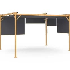 Pergola effet bois 3x4 M toit rétractable et 4 stores gris anthracite