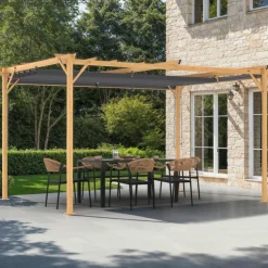Pergola effet bois 3x4 M toit rétractable et 4 stores gris anthracite