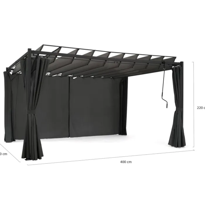 Pergola lames orientables avec 4 rideaux gris 3x4 M