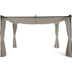 Pergola toit rétractable avec rideaux coloris taupe