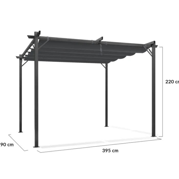 Pergola toit rétractable gris et stores enrouleurs