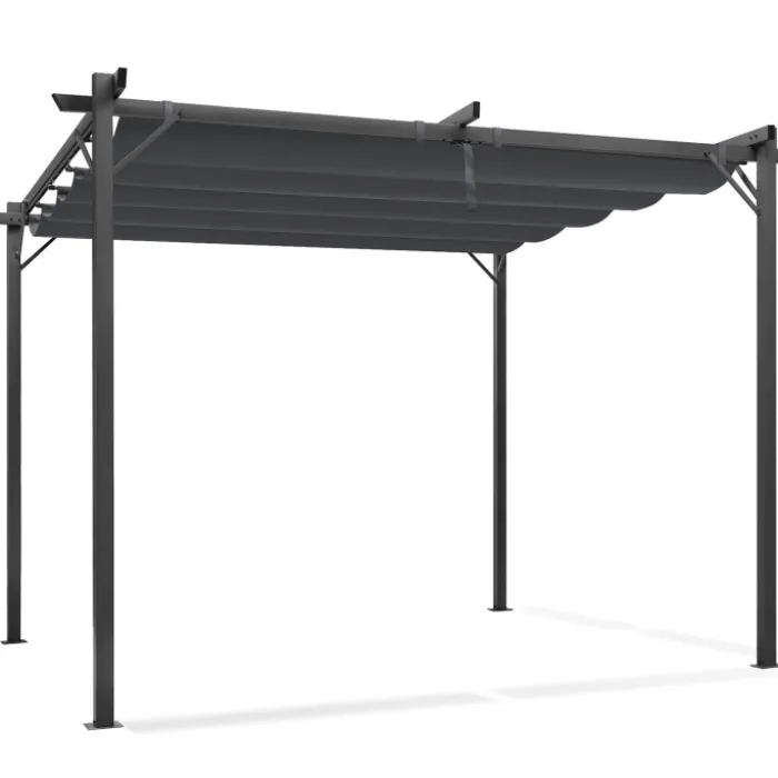 Pergola toit rétractable gris et stores enrouleurs