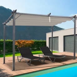Pergola toit rétractable taupe et stores enrouleurs