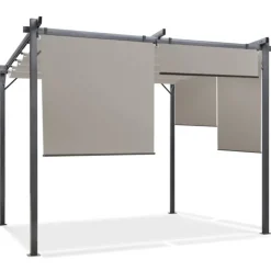 Pergola toit rétractable taupe et stores enrouleurs