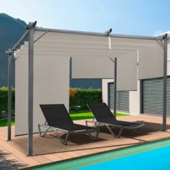 Pergola toit rétractable taupe et stores enrouleurs