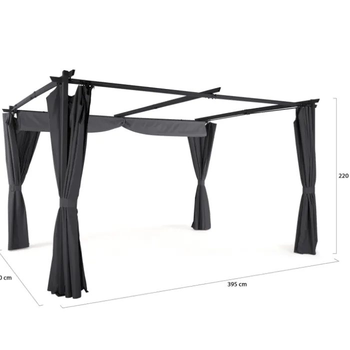Pergola toit rétractable 3x4m gris avec 4 rideaux