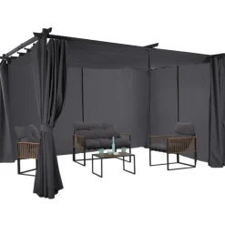 Pergola toit rétractable 3x4m gris avec 4 rideaux