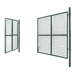 Portail battant grillagé en acier vert 3M15 x 1M50 avec serrure et poignée