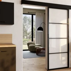 Porte coulissante vitrée en métal et MDF avec rail