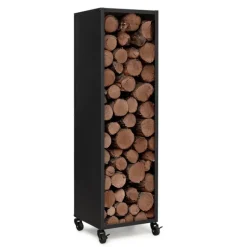 Porte-bûches intérieur vertical de 119 cm en acier noir avec des roulettes