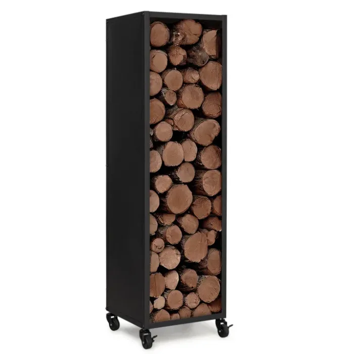 Porte-bûches intérieur vertical de 119 cm en acier noir avec des roulettes