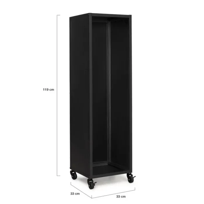 Porte-bûches intérieur vertical de 119 cm en acier noir avec des roulettes