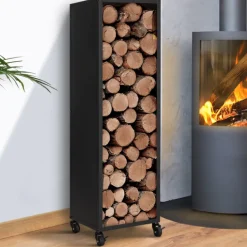 Porte-bûches intérieur vertical de 119 cm en acier noir avec des roulettes